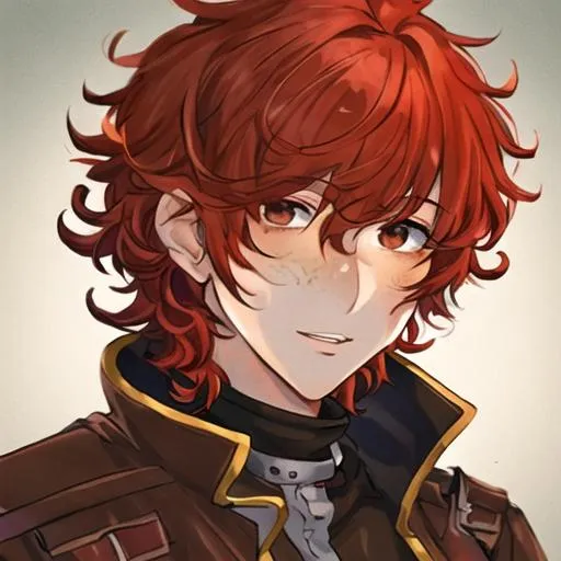 Prompt: male, red curly hair, freckles, brown eyes