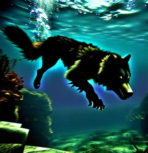 Prompt: Werewolf swimming underwater