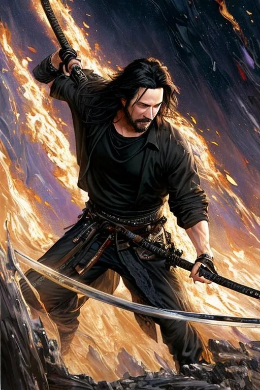 Prompt: UHD, hd , 8k, oil painting, fantasy, hyper realism, digital art  Very detailed, zoomed out view of male character,  Keanu 
Reeves as a warrior character  with long black hair, in his right hand he holds a katana its blade is facing outward away from her , the katana facing forward, he is wearing a  black sleeveless sweater with a purple leather biker vest over top,  he wears black shorts and belt and wears  knee high boots, 