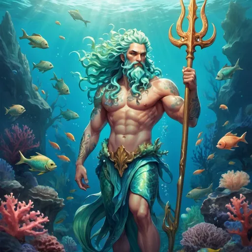 Prompt: Full body, Fantasy illustration of the male god of the sea, muscular, celestial, greenish skin-color, fishtail, flowing blue hair, content expression, holding a trident, corals, fish and sealife, majestic pose, in a Beautiful underwater landscape, vibrant colors