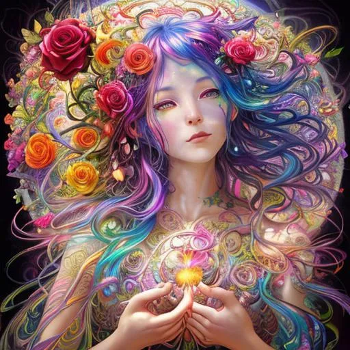 Prompt: Goddess of rainbows, warm light, friendly face, vitality, joy of life, roses with rainbow colour gradient petals, scenic environment by Noriyoshi Ohrai, Larry Carlson, Michael Cheval, Josephine Wall, Photograph Taken on Nikon D750, Intricate, sinister, Elegant, Digital Illustration, Scenic, Hyper-Realistic, Hyper-Detailed