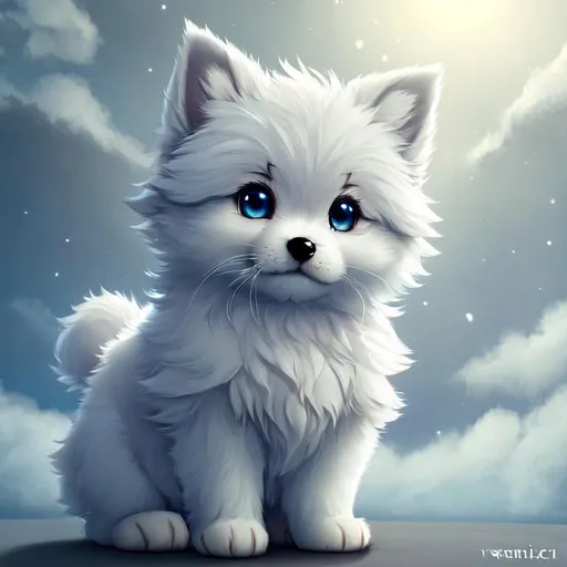 Prompt: Cute, very, very, light gray, fluffy, fantasy light puppy, with cloudy, white eyes, very, light, light, gray fur, and possessing the element of air and making circles of clouds and air move around in the air in a magical way, in a space background. Perfect features, extremely detailed, realistic. Krenz Cushart + loish +gaston bussiere +craig mullins, j. c. leyendecker +Artgerm.