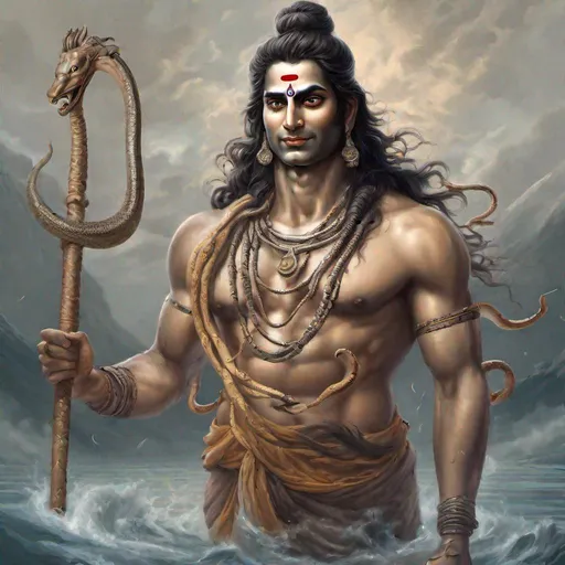 Prompt: hyper realistic, lord shiva as modern-day person, modern clothing, extra eye on forehead, kurta as his apparel, wooden stick in hand, with his neck consecrated by the flow of water that flows from his hair, and on his neck a snake, which is hung like a garland