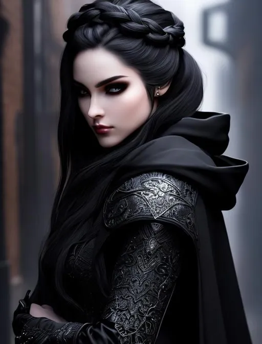 Prompt: Character concept art of a sadistic and menacing female thief in her 20s with braided black hair, dark eyes, and pale skin wearing a hooded cloak and black leather standing in a dark medieval alley in the background and pulling her hood over her eyes. Fantasy, intricate, elegant, highly detailed, digital painting, trending on artstation, detailed face, realistic face, smooth, sharp focus, illustration art by Stanley Lau