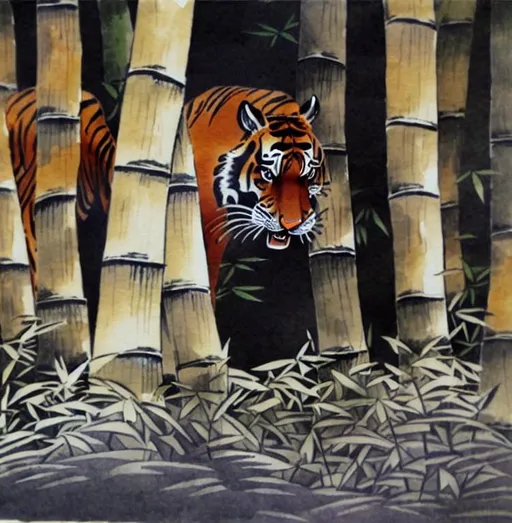 Prompt: Tiger hidden bamboo simple illustration painting ink Chinese

