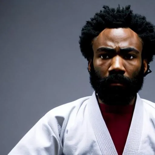 Prompt: Donald Glover now, 
 in a karate GI, photorealistic, alone, dark colors, studio lights