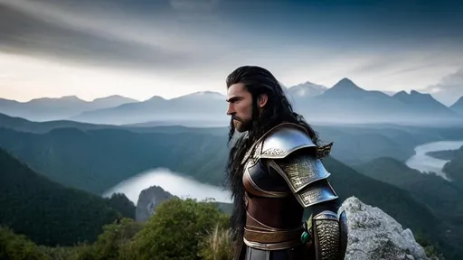 Prompt: Hyper realistic photograph of Male Elven warrior king, has (black hair), wears circlet, (black armor), on cliff ledge. Background hazy river valley  landscape, by Gina Yeo, perfect composition, masterpiece, 8K, bokeh
