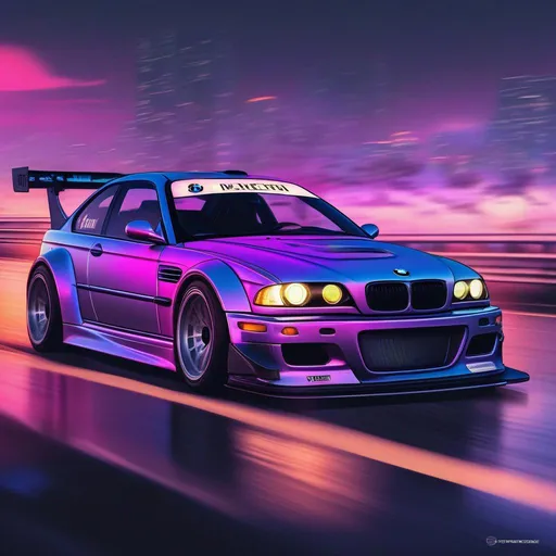 Prompt: 2001 BMW M3 E46 GTR, synthwave, aesthetic cyberpunk, miami, highway, dusk, neon lights, coastal highway, dusk, neon lights, coastal highway, sunset, drift, nurburgring, water on the road, blade runner, 8k, watercolor, macro sharp focus