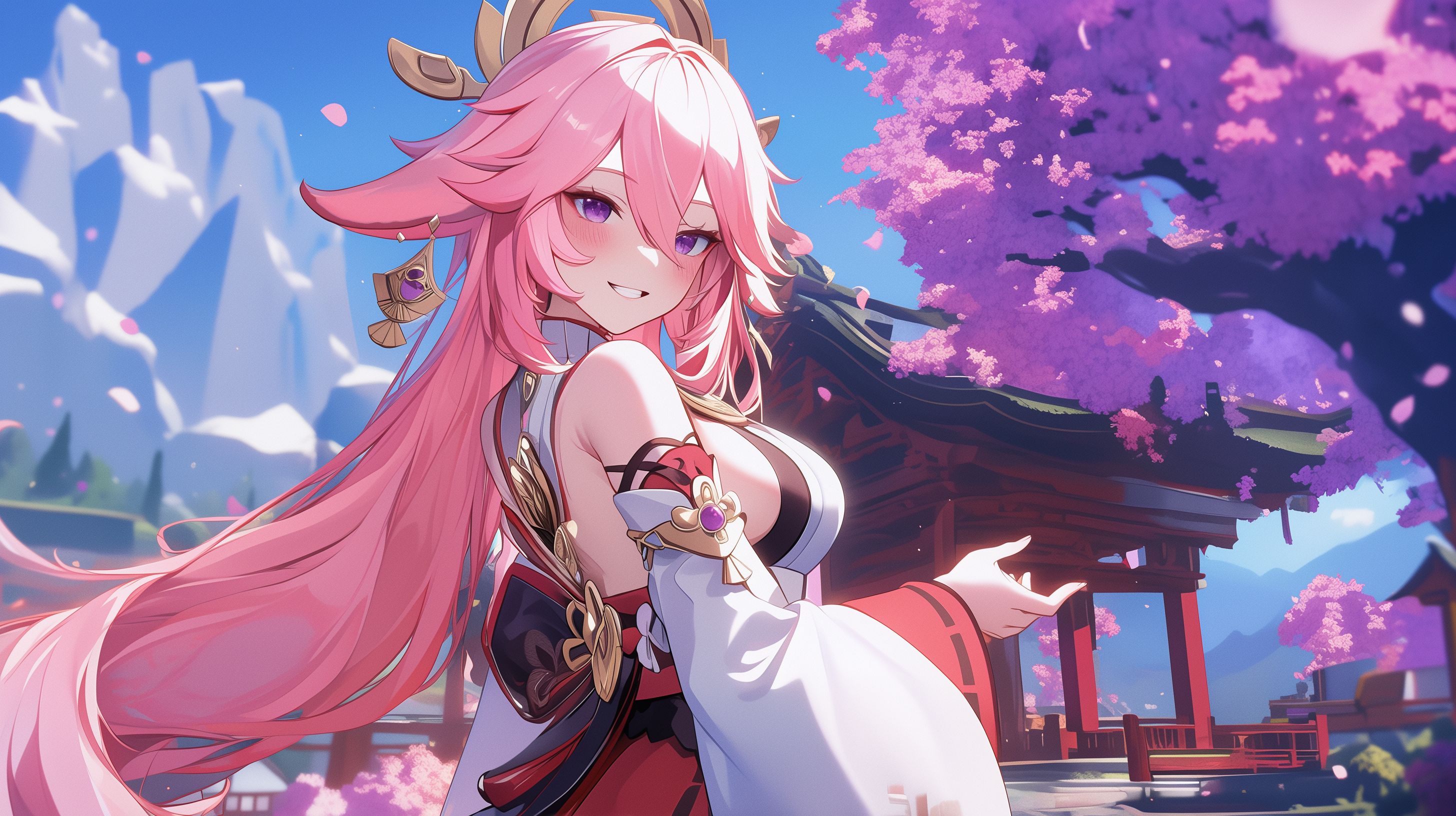 Prompt: Yae Miko from Genshin impact leaning forward toward the user in a flirty way, wink, blush, half smile, infront of a giant purple cherry tree, form fitting clothing, attractive --ar 16:9 --niji 6 