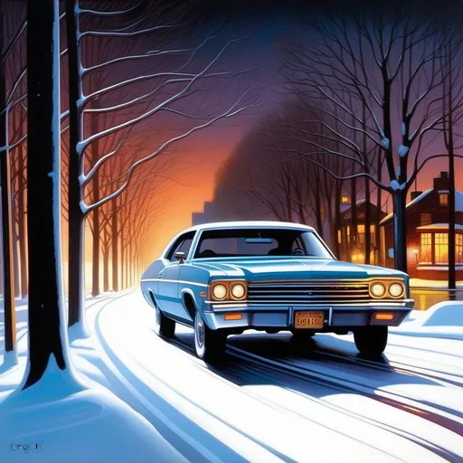 Prompt: Driver Parallel Lines, car chase, New York, cartoony, cold night atmosphere, extremely detailed painting by Greg Rutkowski and by Henry Justice Ford and by Steve Henderson