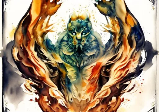 Prompt: Please create a monster manual page baking, I want a faint watercolour Feline beast with smokey watercolour effects