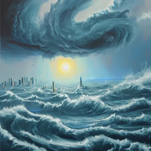 Prompt: Neptune descends on Manhattan in a hurricane with oil painting.