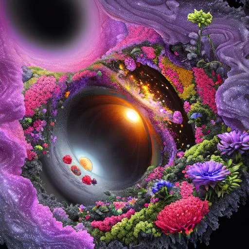 Prompt: Intricate landscape of flowers being sucked into a Black Hole, the universe, hyper-detailed, colorful, fantasy, award-winning CGI, HD, outerspace 