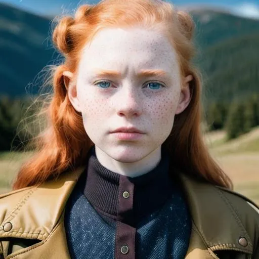 Prompt: RAW photography, Analog style, full-length portrait, wide field of view,

war girl, 18 years old, gorgeous oval face, tiny micro freckles, small nose, juicy lips, pointy chin, redhead ginger, big blue eyes, plump, in the mountains, 

wearing old uniform, worn out leather jacket, worn out military boots

hyperrealistic space 8k 18+ shot of the day beautiful epic high resolution