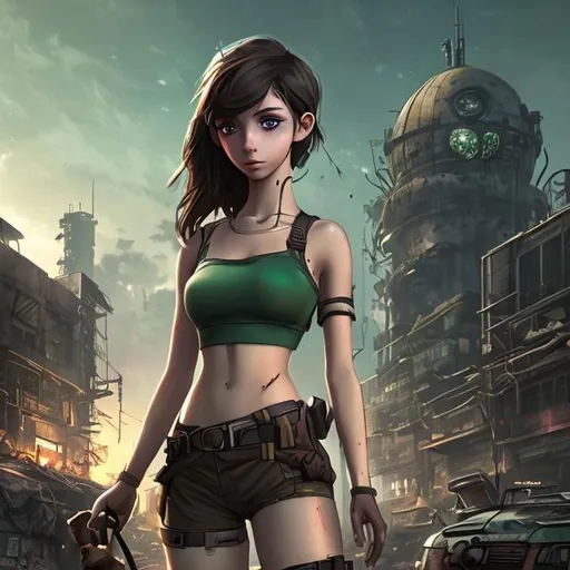 Prompt: petite brunette female android, pretty face, green eyes, high cheek bones, dark green bikini top, low slung cargo shorts, lightly tanned body, post apocalyptic city skyline in background, cgi amine steampunk style, carrying a torn teddy bear