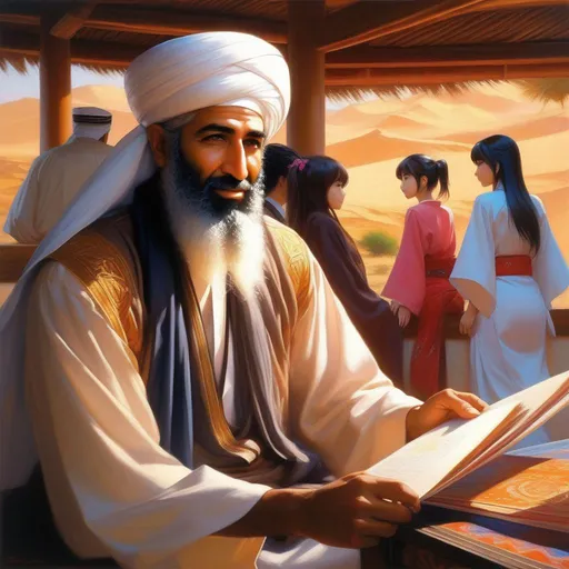 Prompt: Osama bin Ladan meets anime girls, anime style, extremely detailed painting by Greg Rutkowski and by Henry Justice Ford and by Steve Henderson 