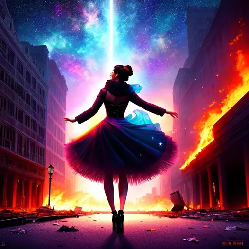 Prompt: Digital painting of a beautiful woman dancing, sad, alone, midnight, movie poster, rule of thirds, post apocalypse,  ruins, buildings on fire, world on fire, dirty, trash, vaporwave, stars, veils, scarves