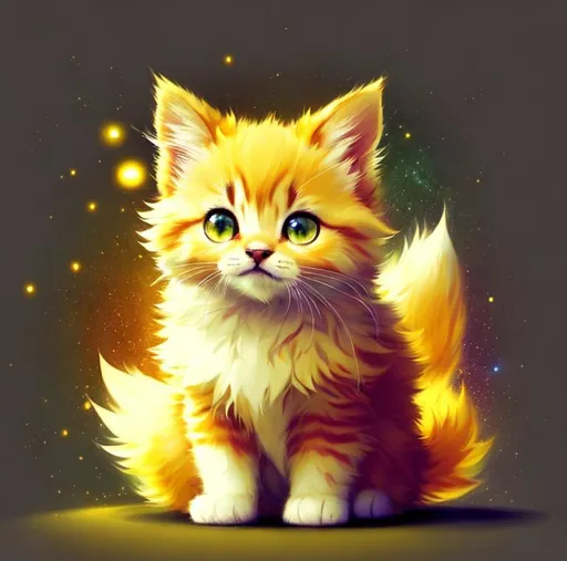 Prompt: Cute, yellow, fluffy, fantasy light kitten, with lighting, yellow eyes, yellow fur, and possessing the element of space and making circles of lighting stripes
 move around in the air in a magical way, in a space background. Perfect features, extremely detailed, realistic. Krenz Cushart + loish +gaston bussiere +craig mullins, j. c. leyendecker +Artgerm.