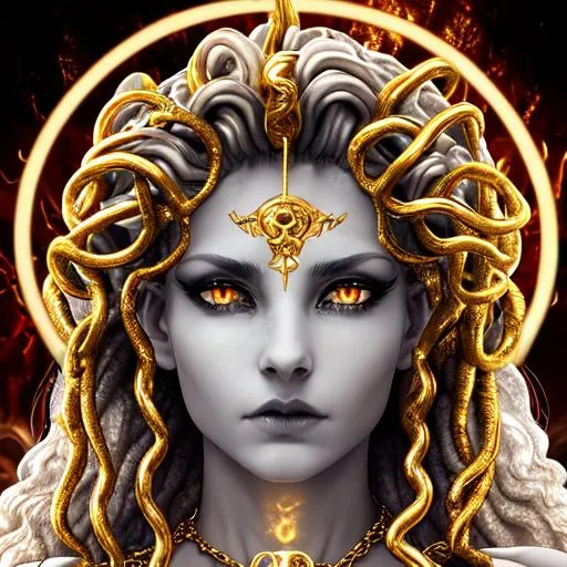 Prompt: Medusa, Gold, Halfgod, Demigod, stars, Heaven, female, curly, fade, buffed, Lifegiver, beautiful, white, hyper realistic, bright, gold, god-like figure, royal, Chained, Unchained, Glowing eyes, Lucifer, Super detailed, Blood red sky, Devilish figure, dark, evil, gray, bloody, blood rain,