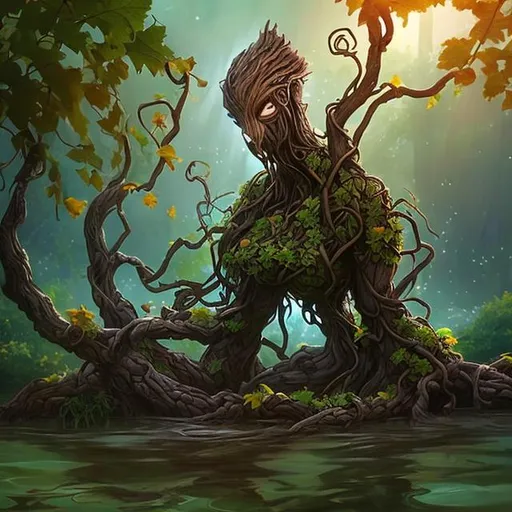 Prompt: Treant woman, (wooden skin:1.3), brown straight vines, (face made out of vines), flowers, waist deep in water, by wlop