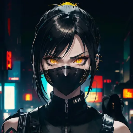 Prompt: Final Fantasy, Shinobi, high-resolution portrait of a woman with long black ponytail, serious face, straight short bangs, piercings, black mask, yellow eyes, sci-fi style, tech gear, dramatic makeup, streetwear, detailed hair and eyes, intense expression, dramatic lighting, cyberpunk