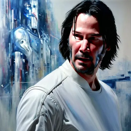 Prompt: Keanu reeves with White futuristic clothes realistic oil paint  