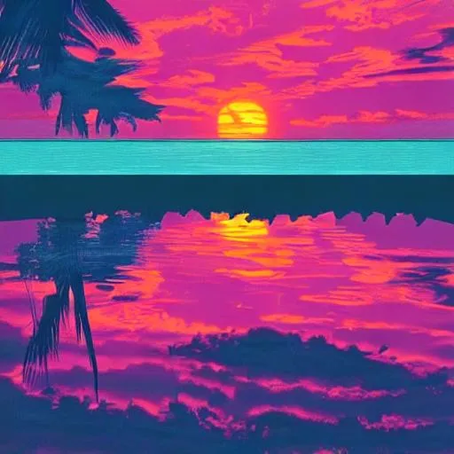 KREA - guache painting of a vibrant color sunset, vaporwave aesthetic,  waves crashing, subtle, romantic