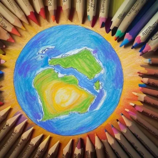 Prompt: I need a square image of the earth, drawn with crayons, and it is for a graduation. Put an inspirational quote and a nice subdued color palette
