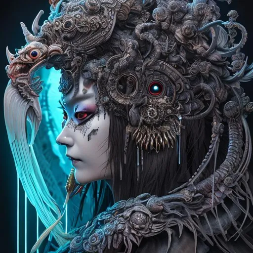 Prompt: "3 d goddess of death close - up profile portrait with ram skull. beautiful intricately detailed japanese crow kitsune mask and clasical japanese kimono. betta fish, jellyfish phoenix, bio luminescent, plasma, ice, water, wind, creature, artwork by tooth wu and wlop and beeple and greg rutkowski"