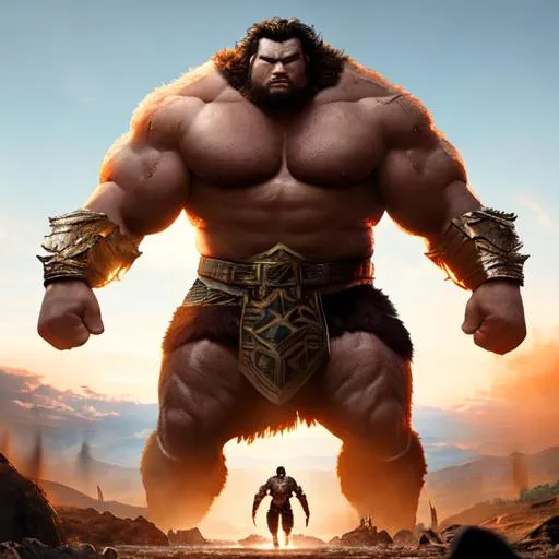 Prompt: movie poster style tongan warrior vs giant man beast ultrarealism cinematic lightinging 
