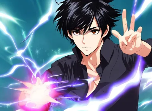 Prompt: Handsome anime man with magic powers, black hair
