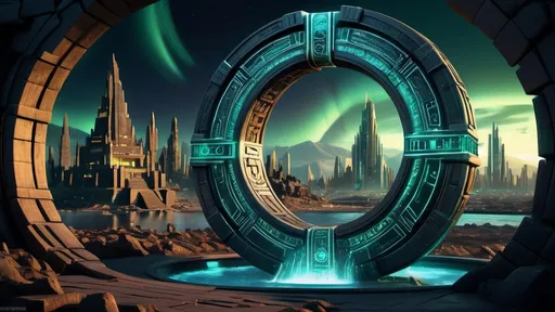 Prompt: magical portal between cities realms worlds kingdoms, circular portal, ring standing on edge, upright ring, freestanding ring, hieroglyphs on ring, complete ring, ancient aztec architecture, atlantis city plaza setting, aurora borealis, panoramic view, dark night, futuristic cyberpunk tech-noir setting