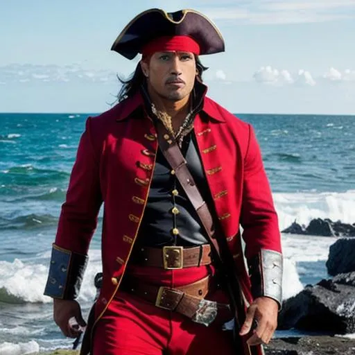 Prompt: Dwayne Johnson pirate captain long red coat