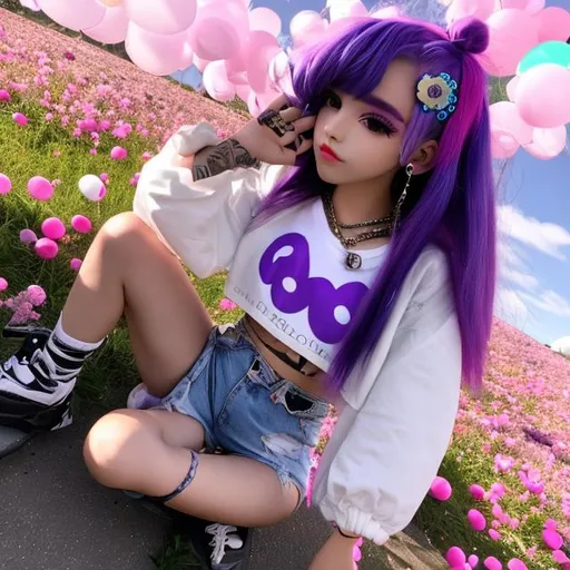 Prompt: A cute anime girl who has bubblegum purple hair sits in the middle of a flower filled meadow, she wears a white crop top and ripped denim short she has a steampunk necklace going across her chest 