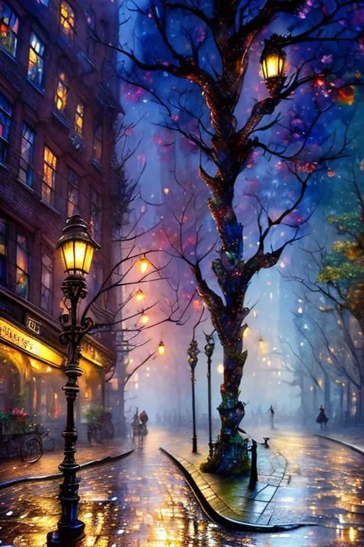 Prompt:  Cobblestone street, Fantasy Forest trees,  Watercolor, steampunk, New York City street,  near death experience, buildings,  trees, tall trees along street, storefront, sunrise, petals rain, watercolor , New York City,  art by Daniel Merriam, Josephine Wall, Jeremy Lipkin,  Alayna Danner,  super clear resolution,  intricate, highly detailed, crispy quality, dynamic lighting, hyper-detailed and realistic, fantastic view
