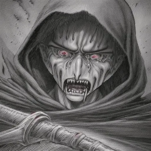 Prompt: Grim Reaper crying in hyper realistic detail in the style of Berserk, by Kentaro Miura