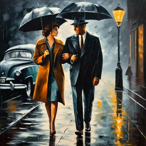 Prompt: Beautiful stylish couple walking in the rain under an umbrella, vintage atmosphere, film noir, oil on canvas, ultrarealistic, smooth lighting, 8K