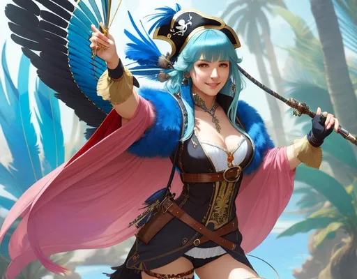 Prompt: a woman, parrot feathers, young, blue hair, meancing looking, parrot-feather cloak, smiling, pirate, bard, clue clothing, island around, medival outfit , full pose, high quality face details, by ruan jia, by alphonse mucha, by krenz cushart, by Julie Bell, by Gerald Brom,  beautiful intricate exquisite imaginative exciting, fantasy, shadows,  vray render, artstation, deviantart, pinterest, 5 0 0 px models, high resolution, blender
