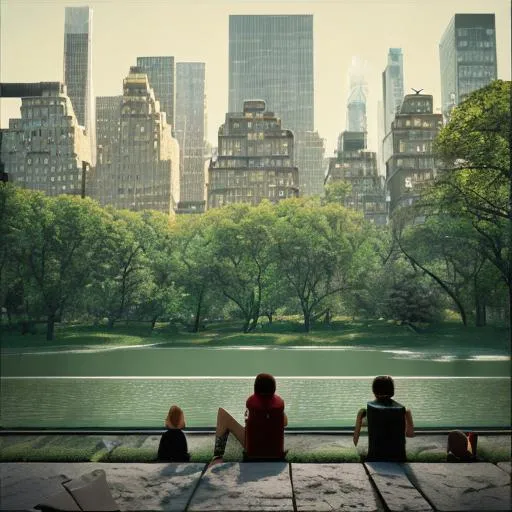 Prompt: Sitting in central park with the buildings in the background humans living and enjoying the nature abstract art everything melting and offset, odd, 