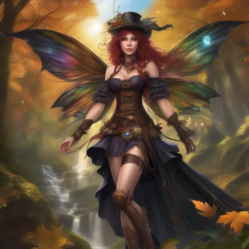 Prompt: ((Epic)). Cinematic. Shes a ((colorful)), Steam Punk, gothic, witch. (spectacular), Winged fairy, with a skimpy, ((colorful)), ((gossamer)), flowing outfit, standing in a forest, by a village. ((Wide angle)). ((Detailed Illustration)). ((8k)).  Full body in shot. ((Hyper real painting)). ((Photo real)). An ((extremely beautiful)), buxom,  shapely woman with, ((Anatomically real hands)), and ((vivid)), ((colorful)), ((bright eyes)). A ((pristine)) ((Halloween night)). ((Concept style art)). Rays of light. Lens flares. (Celestial). Sony a7 IV