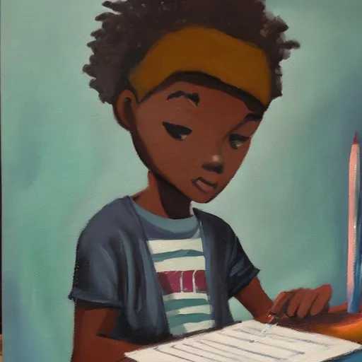 Prompt: oil painting of black teenage boy writing a song on a paper in dim light.