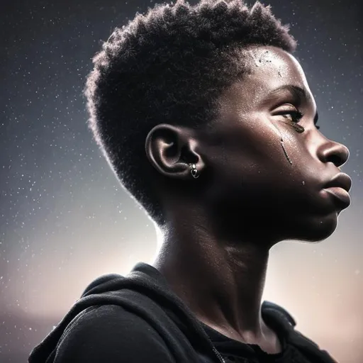 Prompt: a realistic portrait of a crying beautiful black boy diamond stud earring left ear,HDR,64K,highly detailed, hoplessness looking out of window,liminal space,Studio lighting,
close up, 