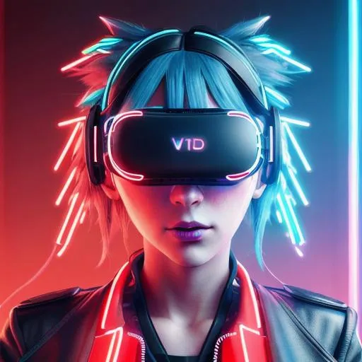 Prompt: Ultra detailed portrait of a anime female character with red glowing eyes neon blue hair and VR Headset in a cyberpunk enviroment with turquise
 4K ultra HD high detail