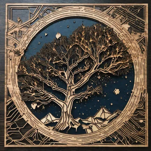 Prompt: arboreal constellation map 2D woodcut layered lasercut