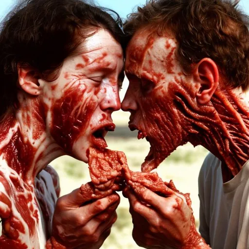 Prompt: One person is eating the flesh of another person.