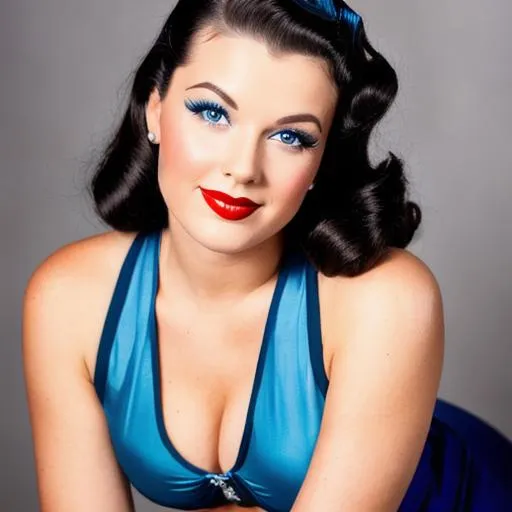 Prompt: Portrait of a 1940's pin-up model with dark hair and blue eyes
