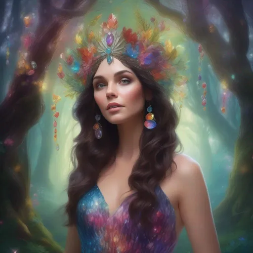 Prompt: A colourful, beautiful brunette, Persephone, in a beautiful flowing dress made of glittering gemstones, wearing a gemstone headdress in a forest of magical trees. In a photorealistic painted Disney style.