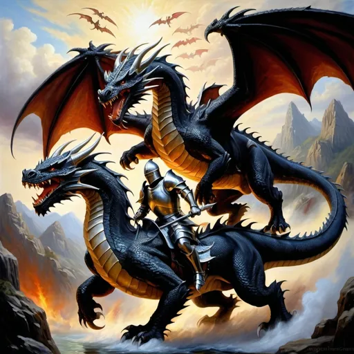 Prompt: Black Dragons and white Dragons in arial combat, Dragon riders in armor with spears while riding the dragons, fierce expressions, mythical landscapes, high fantasy, Dragon riders, Chivalric Knights, in realistic oil painting, flying through the sky in combat, majestic dragons  mythical landscapes, high fantasy, oil painting, vibrant colors, epic scale, detailed armor, stunning face, atmospheric lighting, professional, highres, fantasy, oil painting, ethereal, fierce expression, varied colors, high fantasy