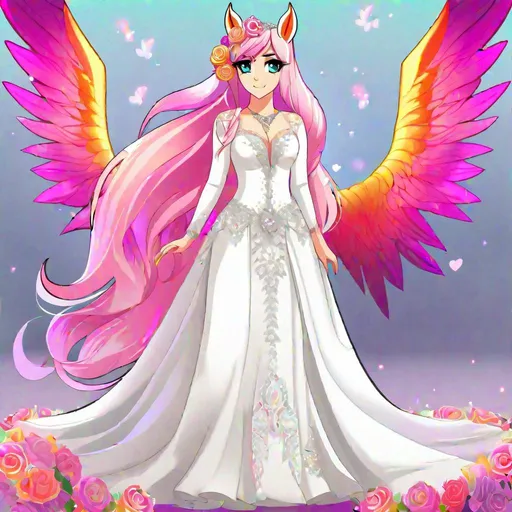 Prompt: Haley  as a demon horse hybrid (bright multi-color hair) (multi-color eyes) (horse ears) wearing a wedding dress, full body, 