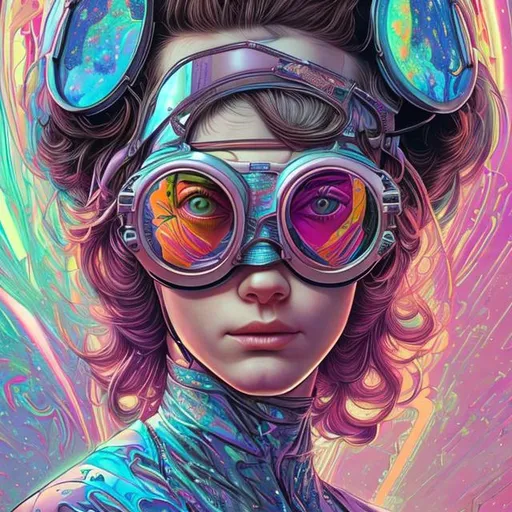 Prompt: A Beautiful girl from the future wearing psychedelic mirrored bright sparkly  ultra high tech design goggle glasses, highly detailed, gorgeous, creative, by Travis Charest, by Brian K. Vaughan,  by Sabbas Apterus